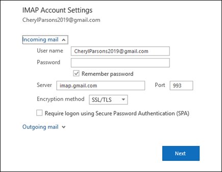 IMAP Account Settings with server, port 993 and SSL/TLS encryption