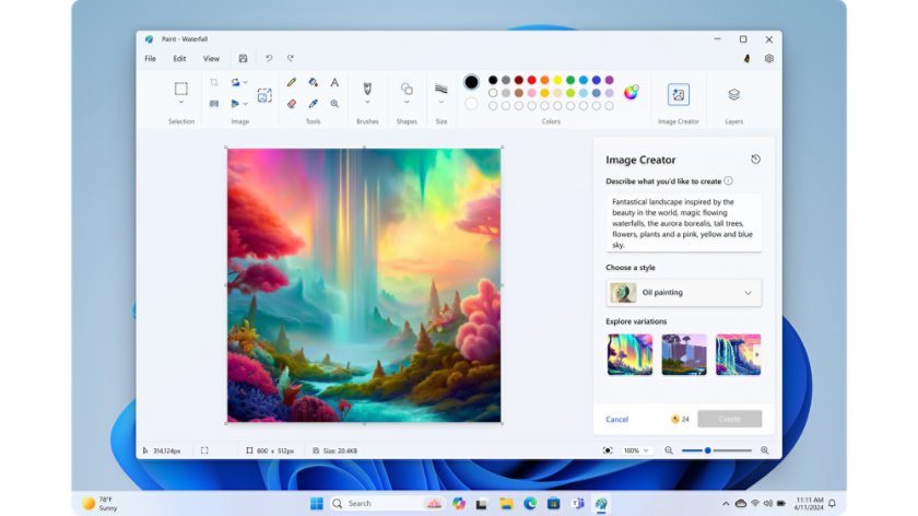 Image Creator side panel in Paint with a prompt, style and variations
