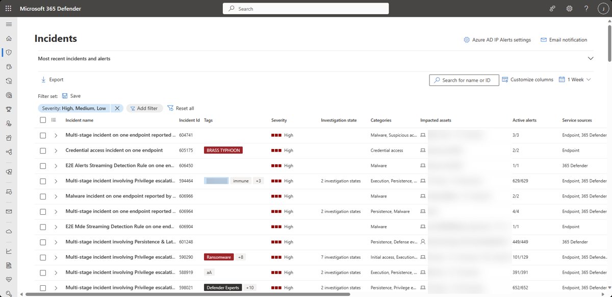 Incidents queue in the Microsoft Defender portal with severity and impacted assets columns