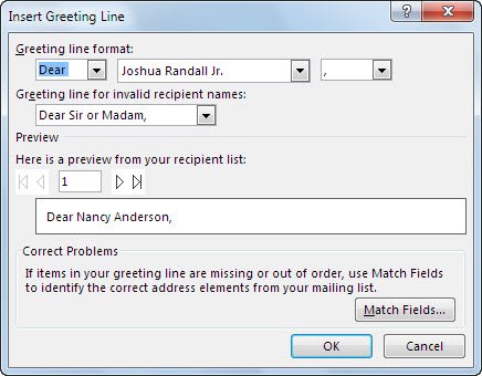 Insert Greeting Line dialog with name format and preview of a recipient