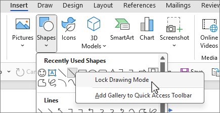 Insert tab with the Shapes gallery menu open
