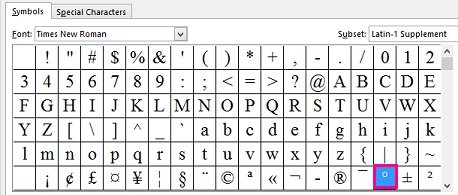 Insert the degree symbol in Word from the Latin-1 Supplement symbol grid
