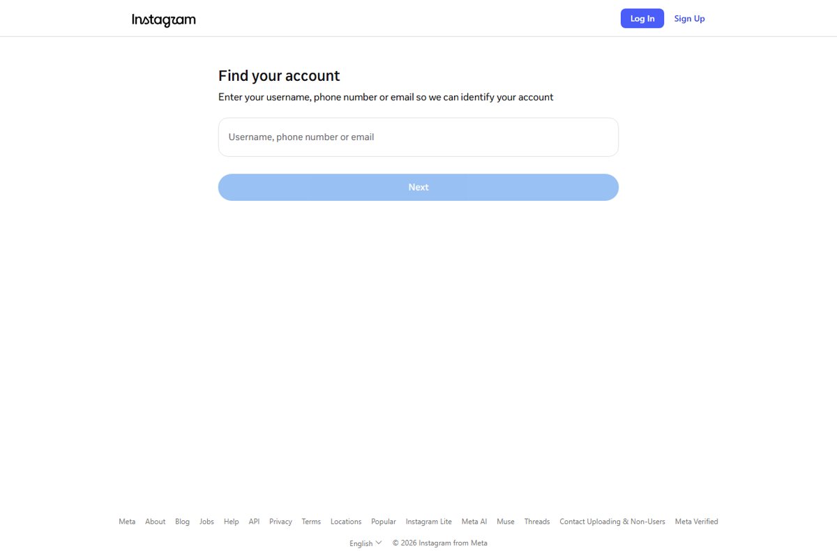Instagram Find your account page asking for username, phone number or email