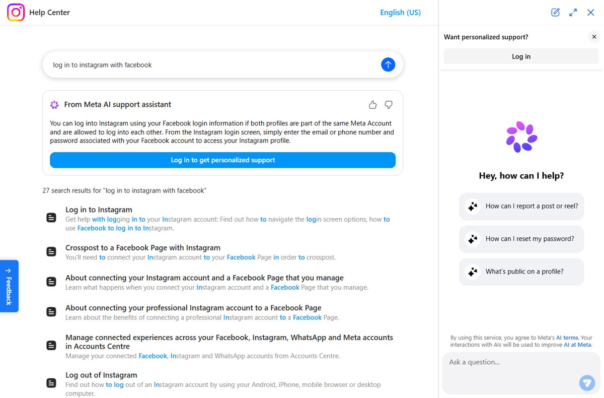 Instagram Help Center answer on logging in to Instagram with Facebook