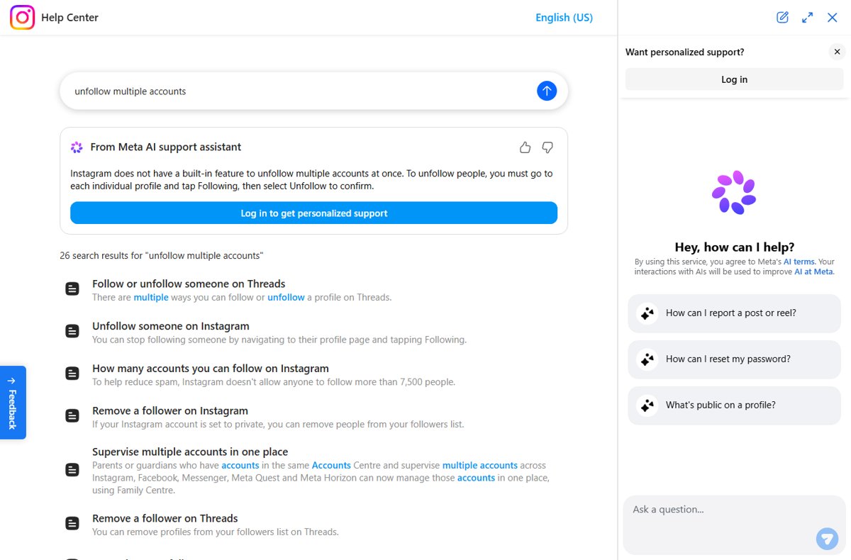 Instagram Help Center search results for unfollowing multiple accounts