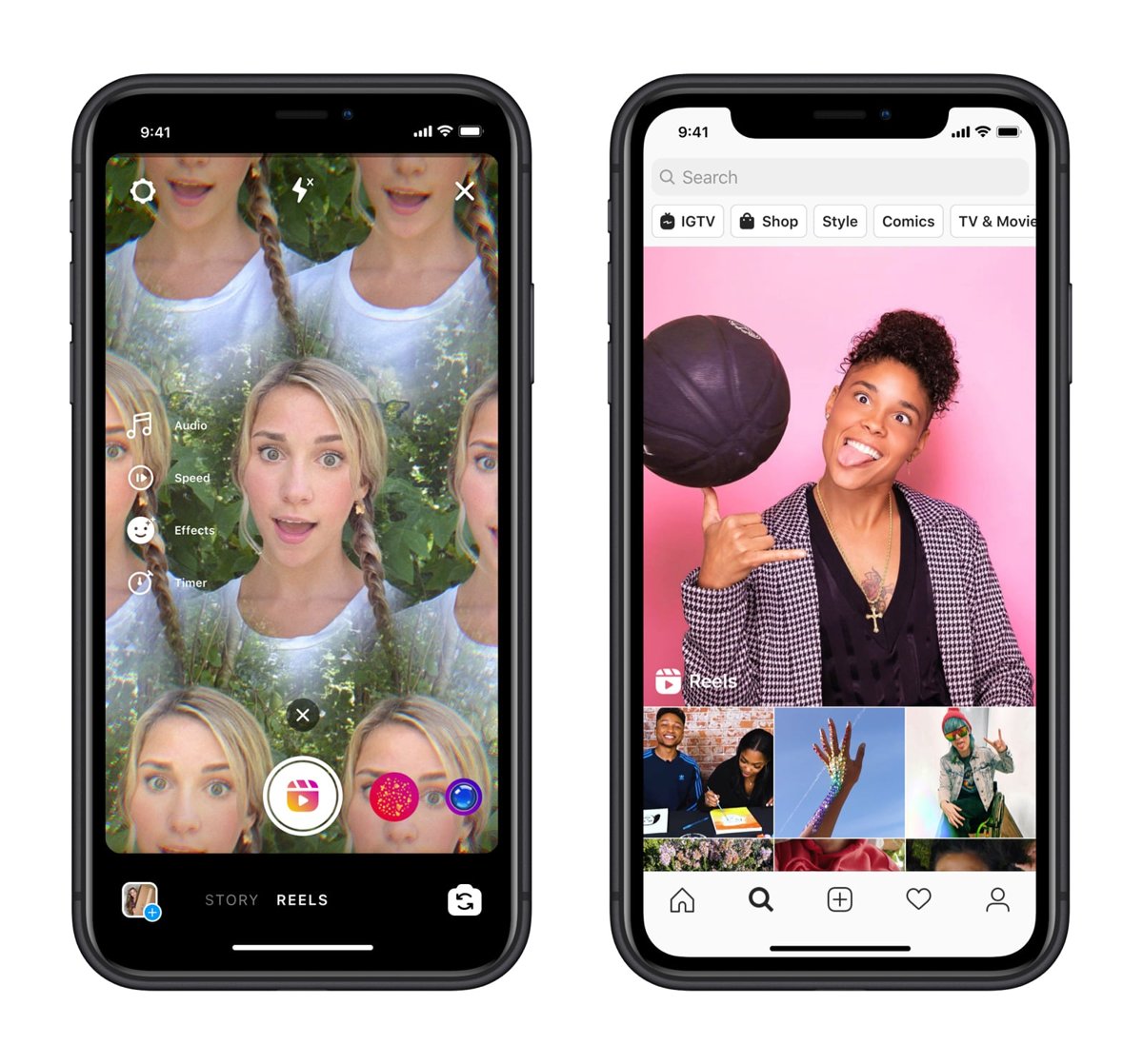 Instagram Reels camera with Audio, Speed, Effects and Timer tools on the left