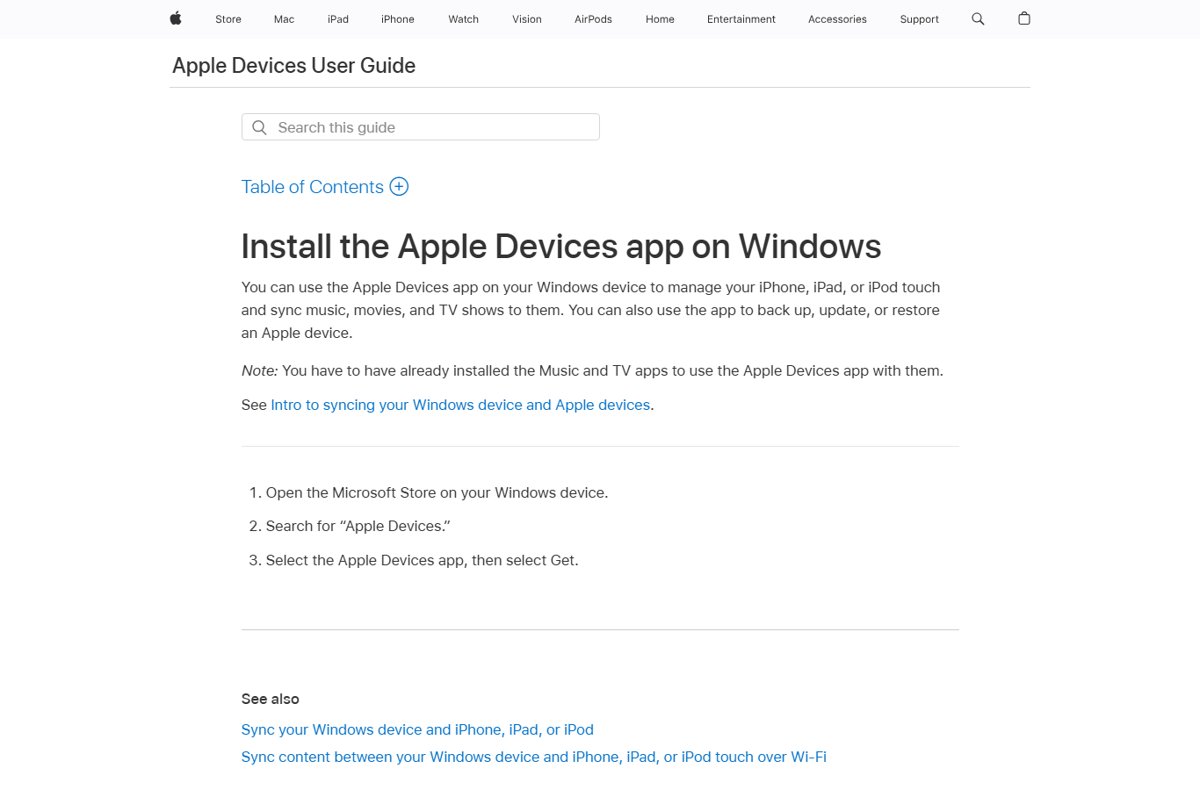 Install Apple Devices app for iTunes driver from the Microsoft Store steps