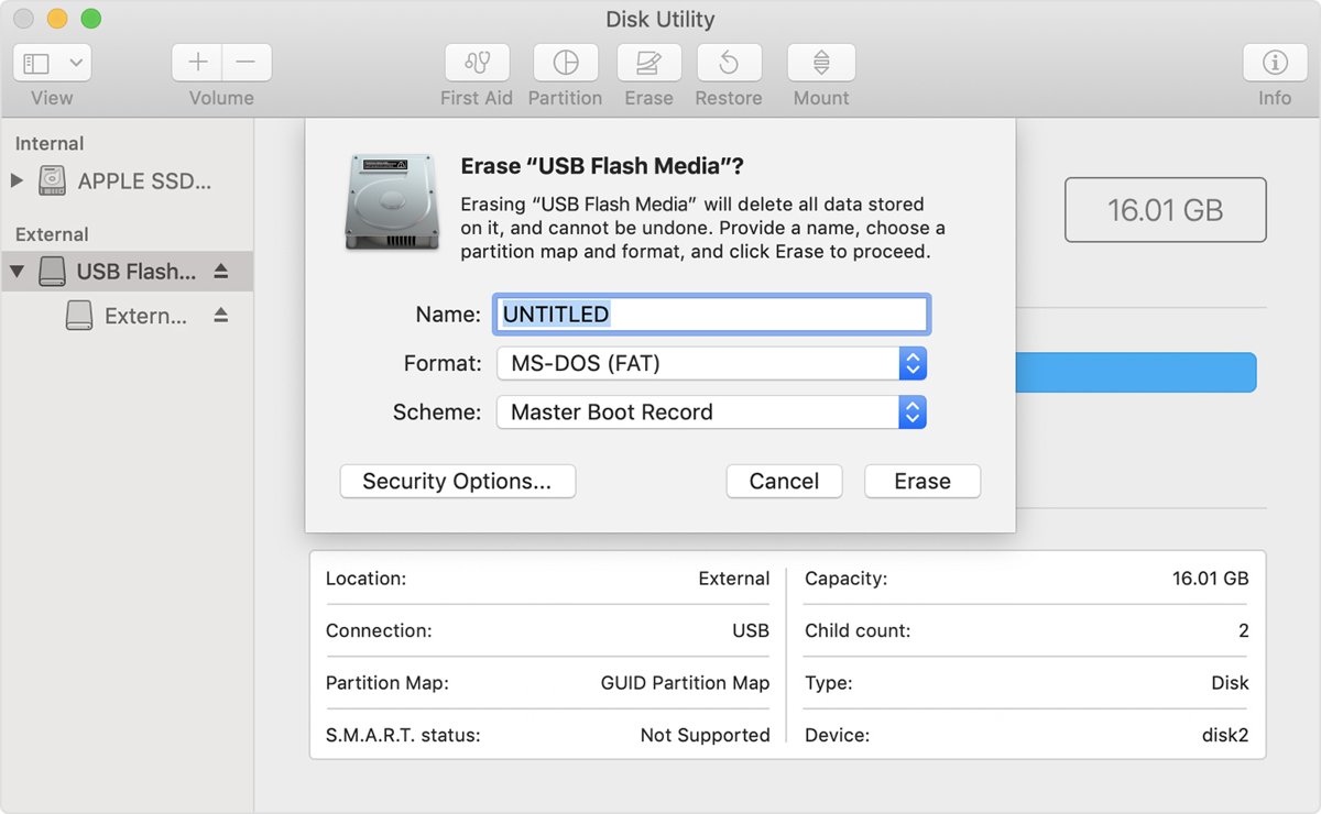 Install Apple mouse drivers: format the USB drive as MS-DOS (FAT) in Disk Utility