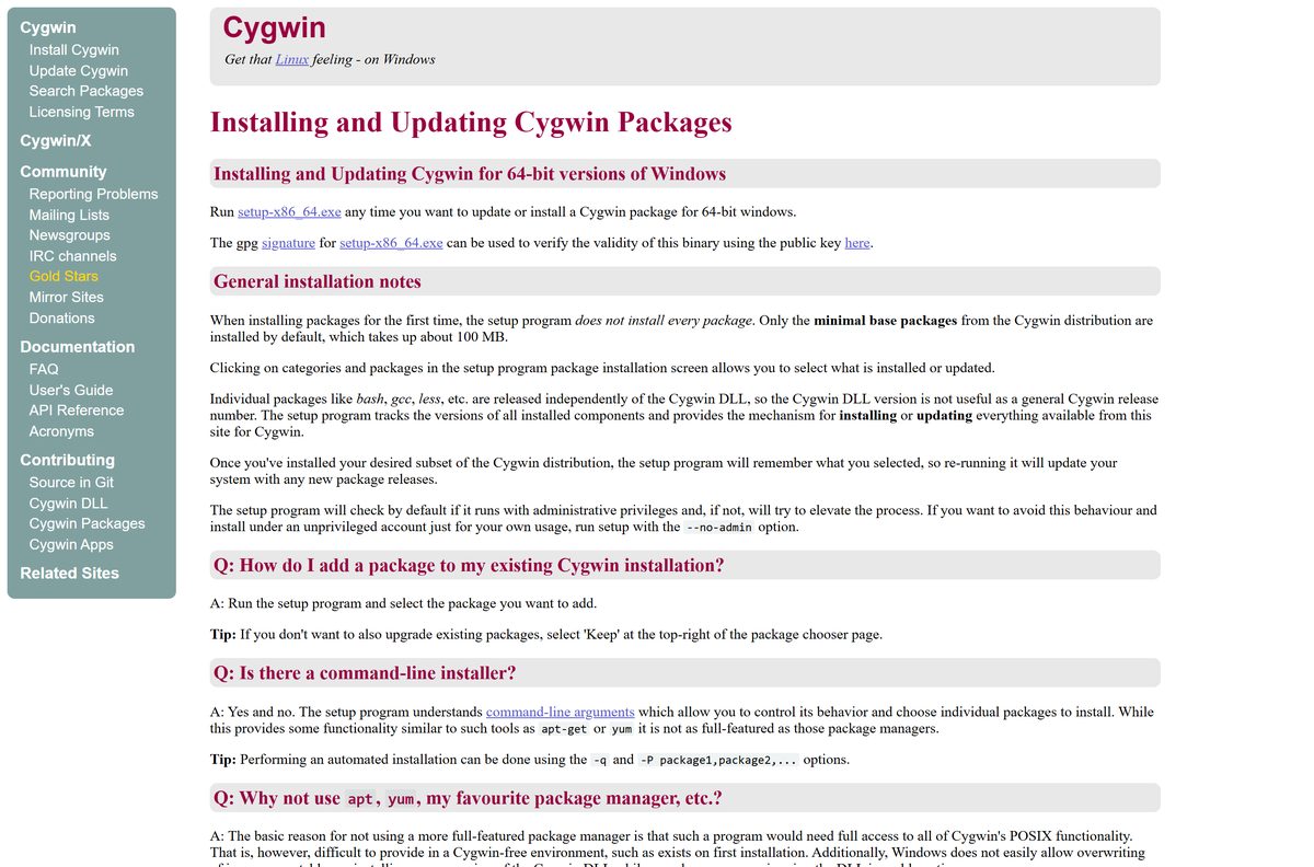 Cygwin install page with the 64-bit setup link