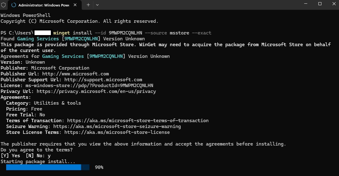 Install Gaming Services in Windows 11 with winget from an administrator PowerShell window