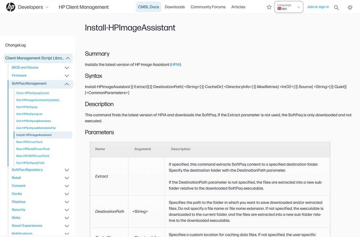 HP developer documentation for the Install-HPImageAssistant PowerShell cmdlet