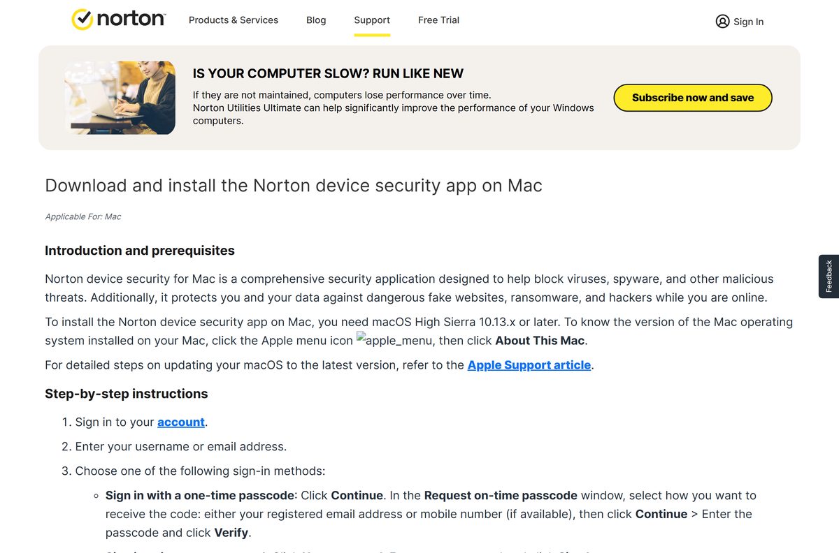 Norton support guide for installing the Mac app on High Sierra or later