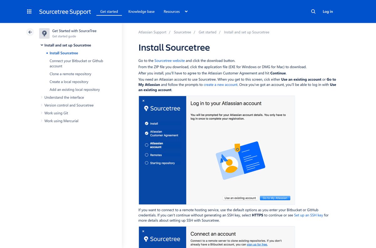 Atlassian guide to installing Sourcetree and signing in