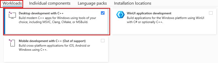Install Visual Studio Community for C++ with Desktop development with C++ ticked