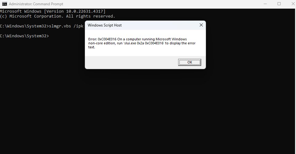 Install a generic product key on Windows 11 with slmgr /ipk in Command Prompt