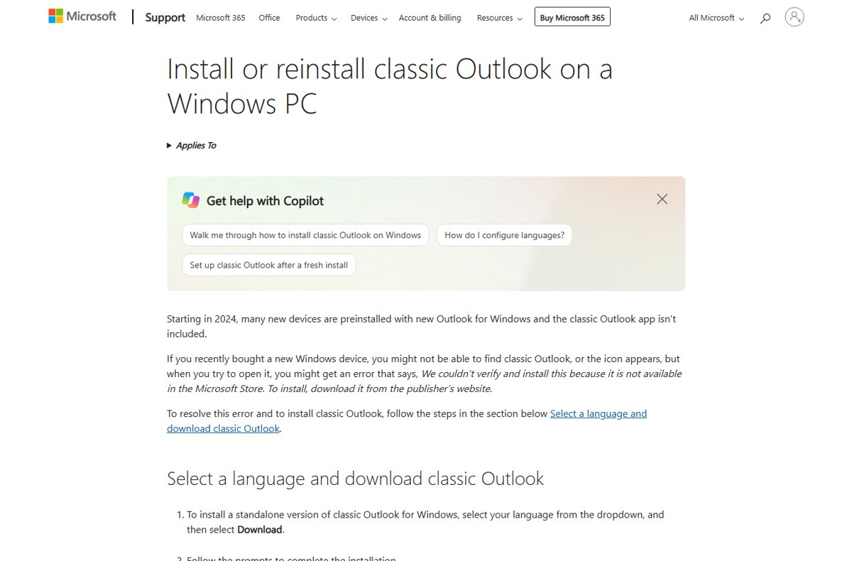 Install classic Outlook on a Windows PC from the official Microsoft support page