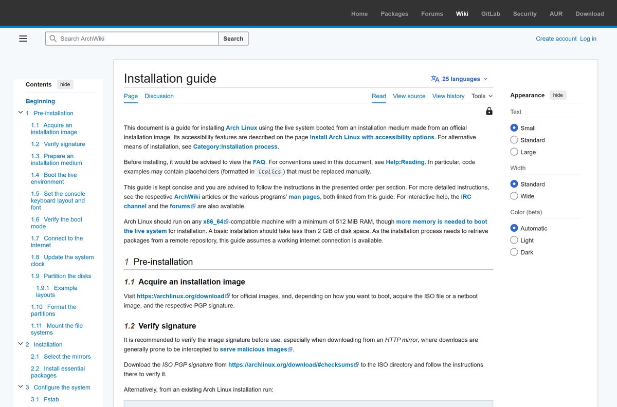 Arch Linux installation guide on the ArchWiki with its contents list