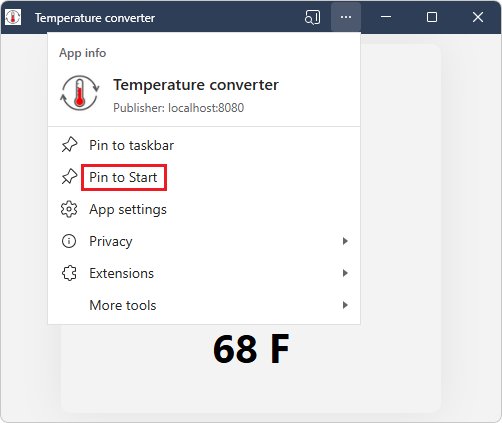 Installed web app window menu with Pin to taskbar and Pin to Start