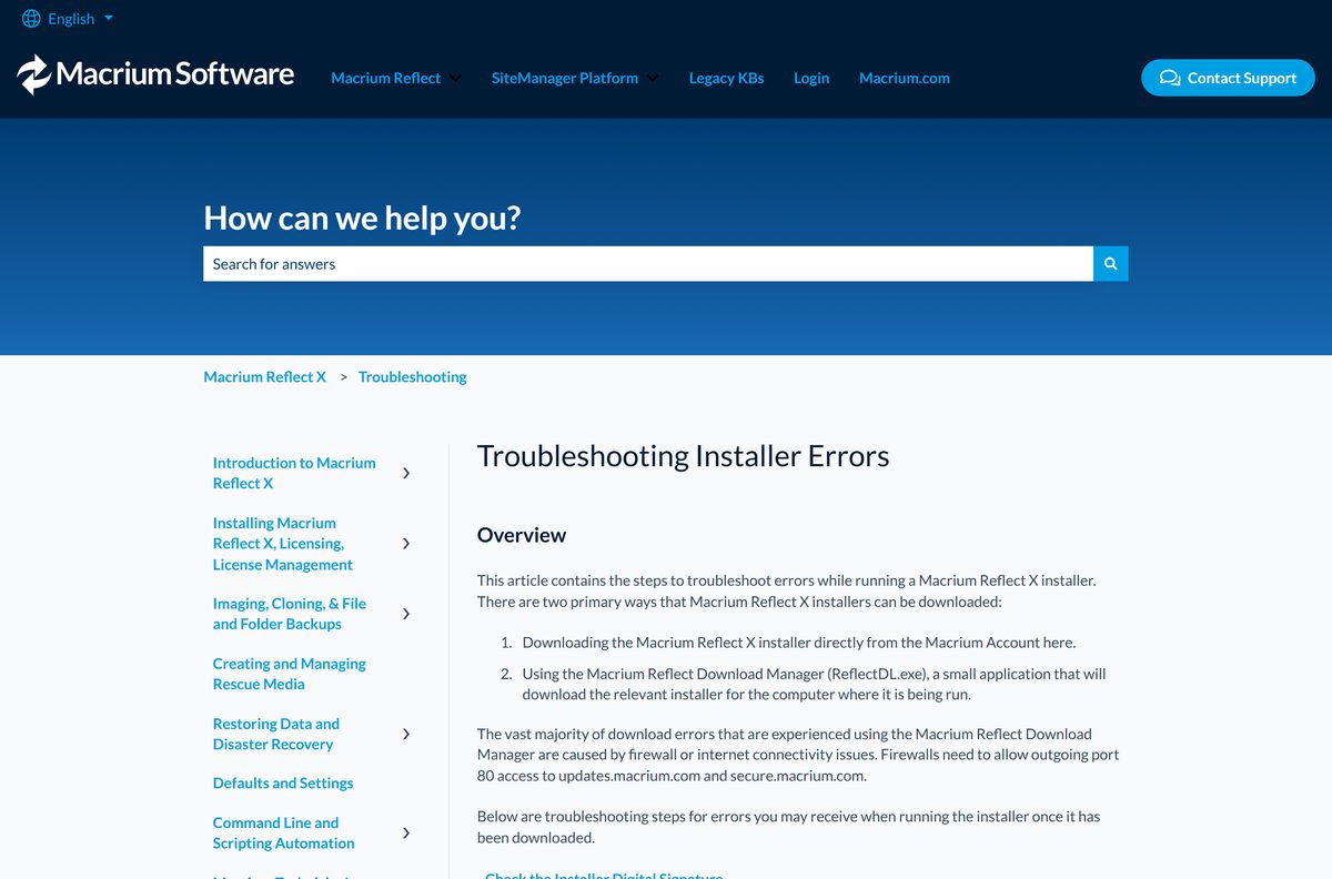 Macrium Reflect knowledge base article on installer error fixes