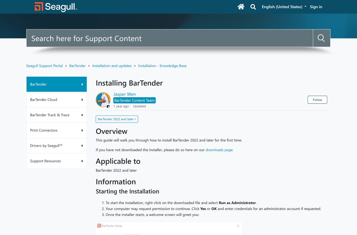 Seagull support guide for installing BarTender on Windows