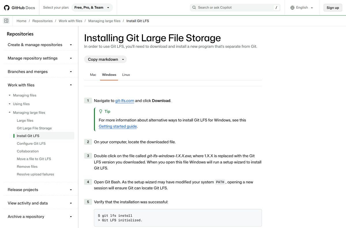 GitHub Docs guide to installing Git LFS on Windows