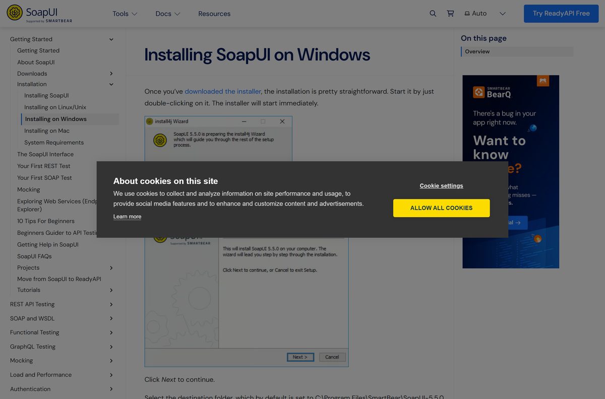 SoapUI Windows installation guide showing the setup wizard screens