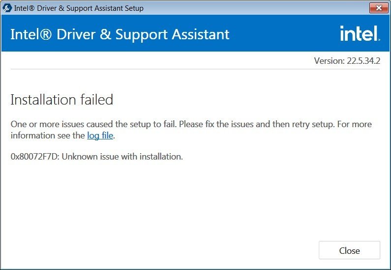 Intel Driver & Support Assistant Setup window reporting Installation failed with an error code
