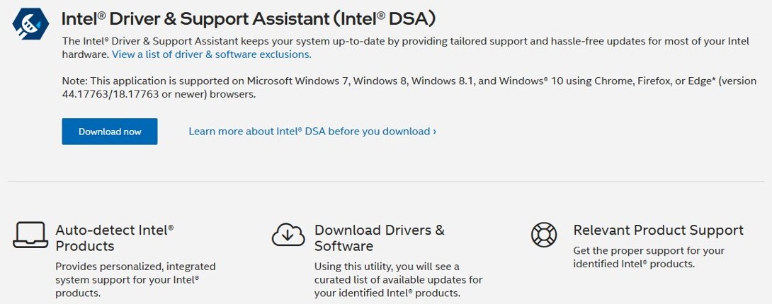 Intel Driver & Support Assistant page with the Download now button