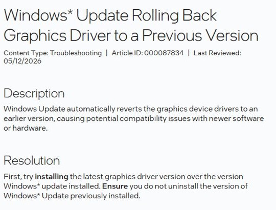 Intel fix for Windows Update rolling back the graphics driver to an older version