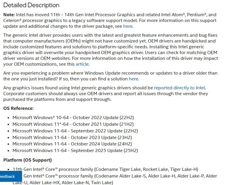 Intel graphics driver download for 11th to 14th Gen processors moved to legacy support