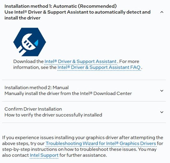 Intel installation methods for the graphics driver: automatic with Intel DSA or manual