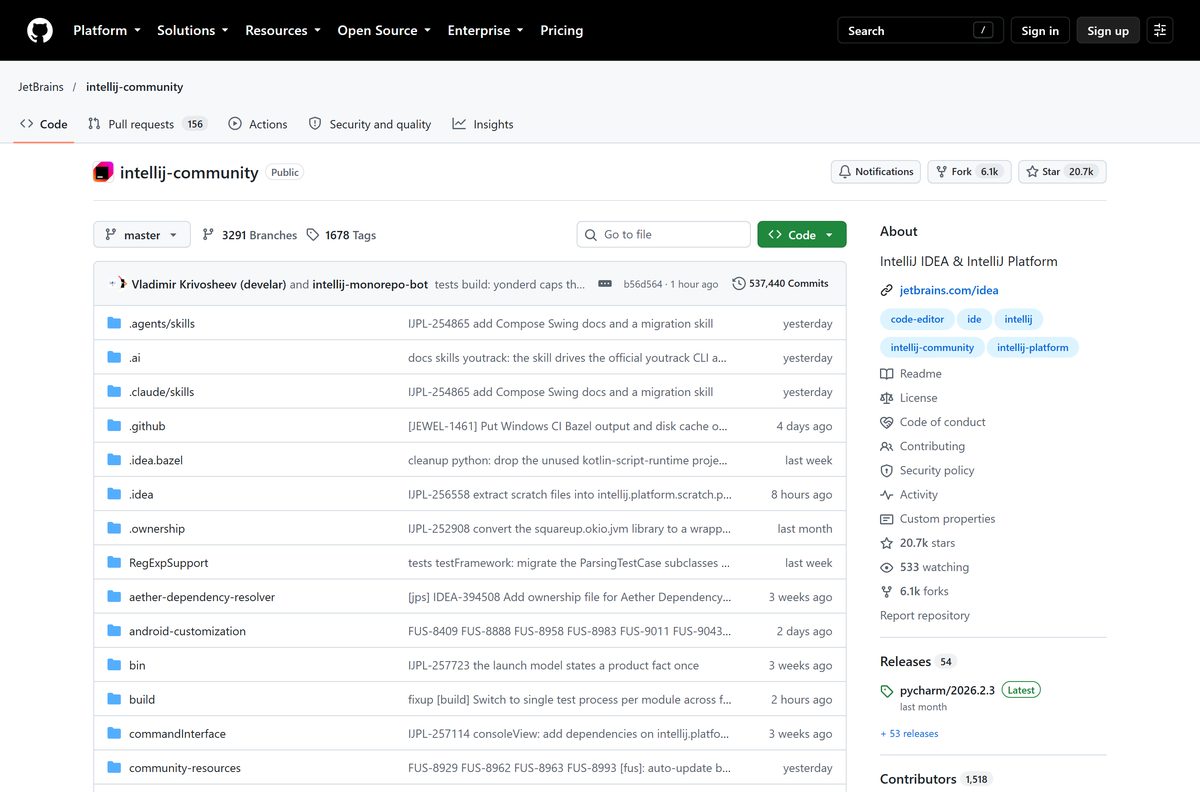 GitHub repository holding the open-source IntelliJ Platform code