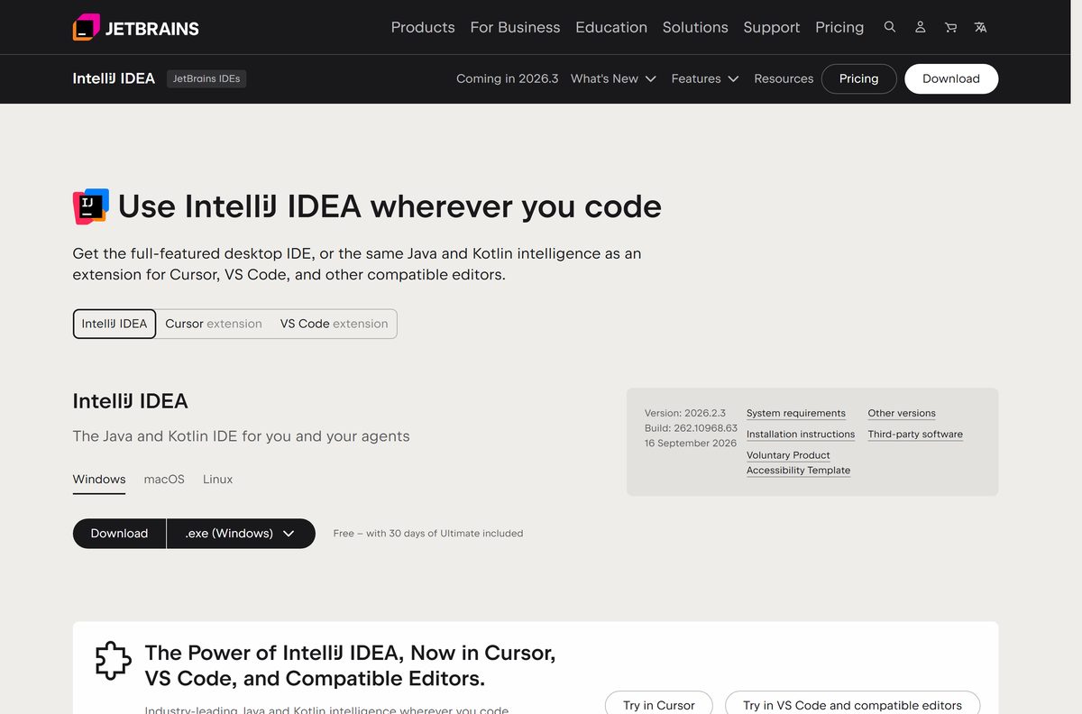 Official JetBrains download page with the Windows and macOS tabs