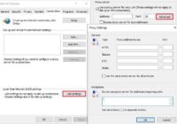 Internet Options Connections tab with the Proxy Settings window open