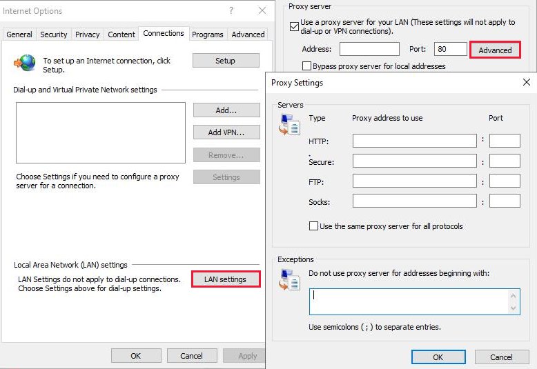 Internet Options Connections tab with the Proxy Settings window open