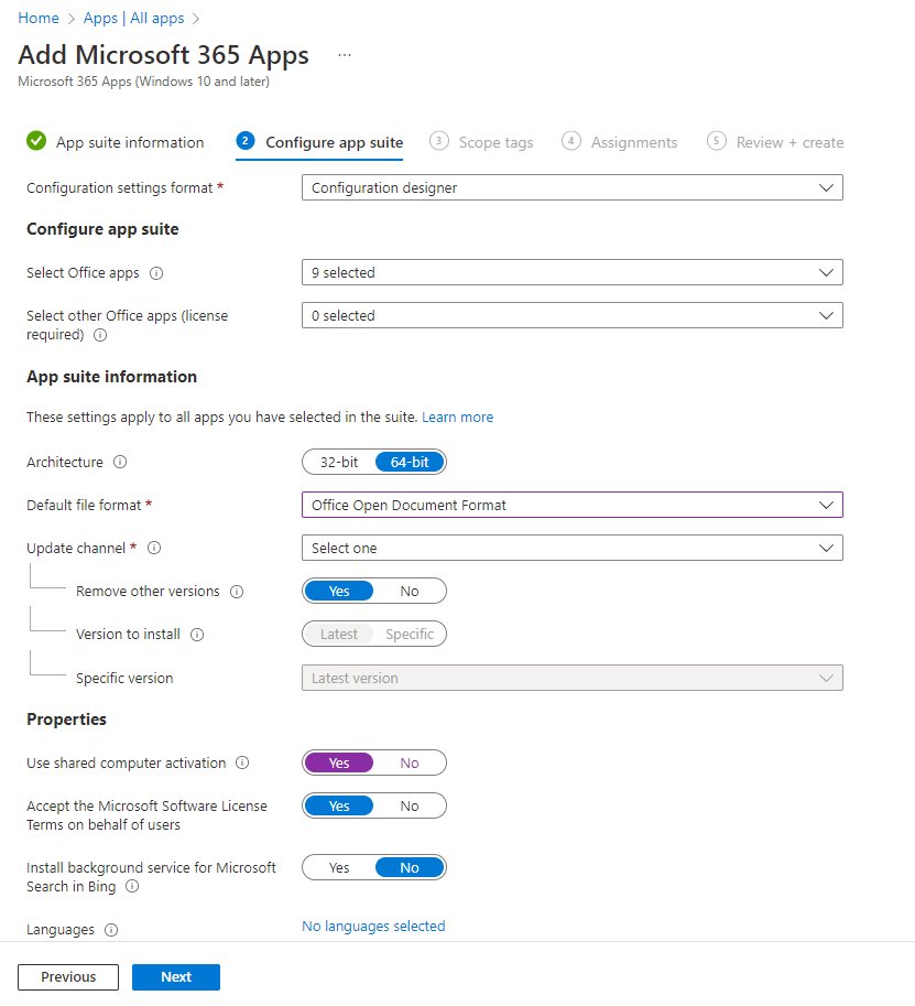 Intune Add Microsoft 365 Apps wizard on the Configure app suite step