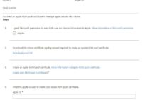 Intune Configure MDM Push Certificate pane with five numbered setup steps