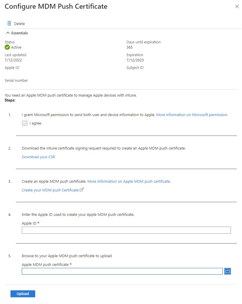 Intune Configure MDM Push Certificate pane with five numbered setup steps