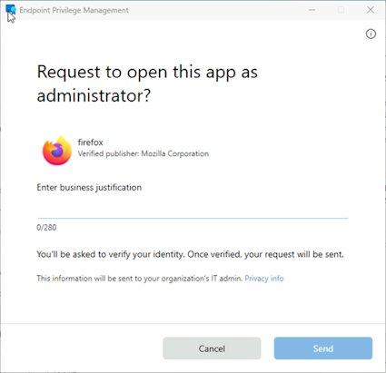 Intune EPM end user prompt requesting to open an app as administrator
