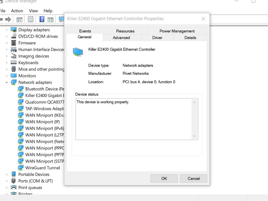 Is Killer Network Service a virus: Killer E2400 Ethernet properties in Device Manager