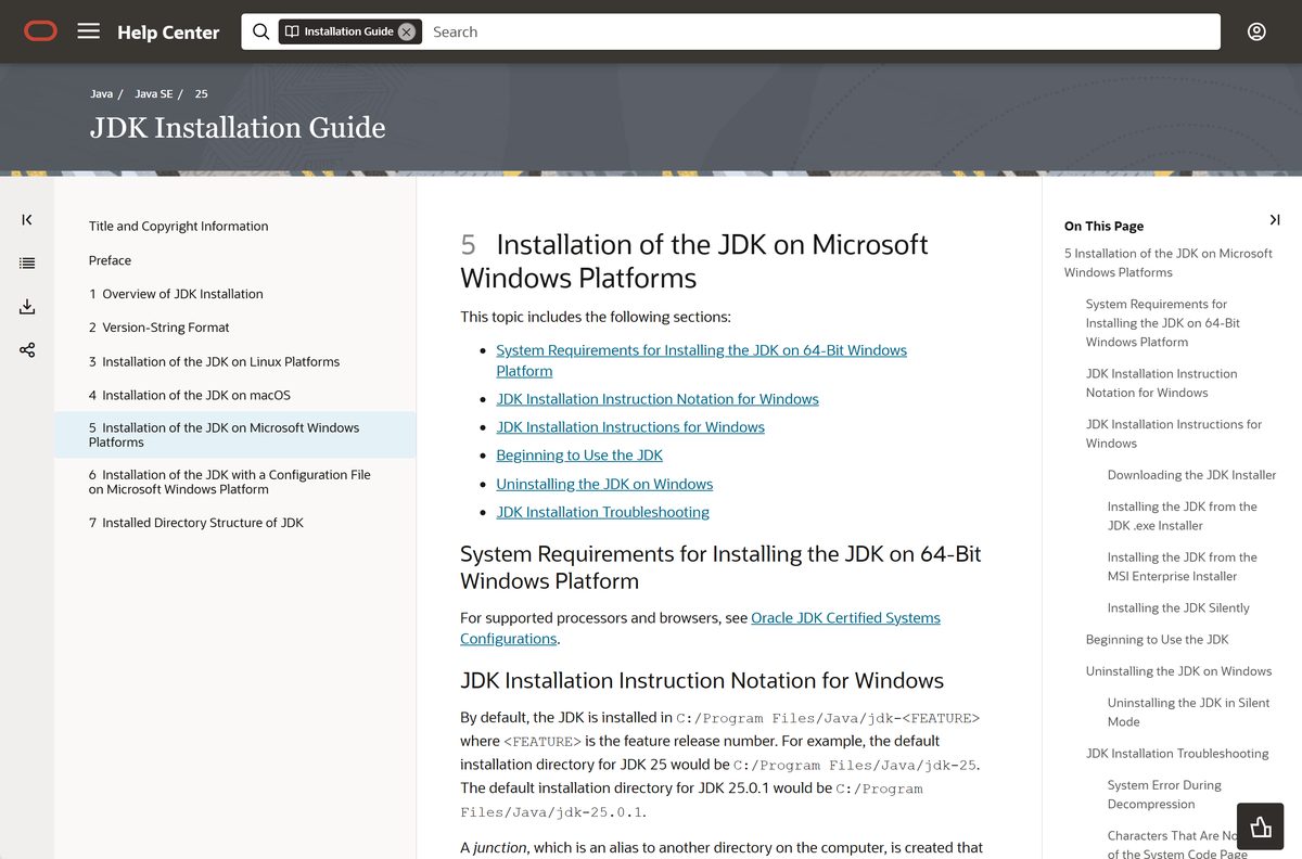 Oracle installation guide page showing the Windows setup steps for JDK 25