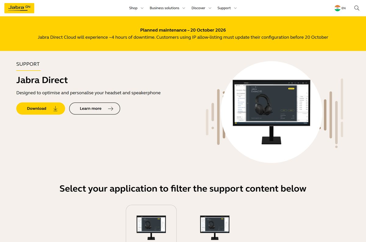 Jabra support page listing current app downloads and release notes