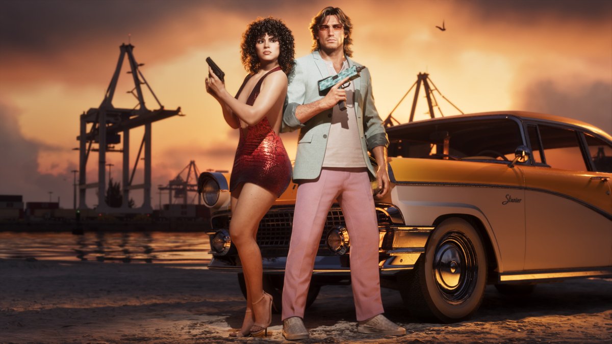 Jason and Lucia posing with guns beside a classic car near harbour cranes