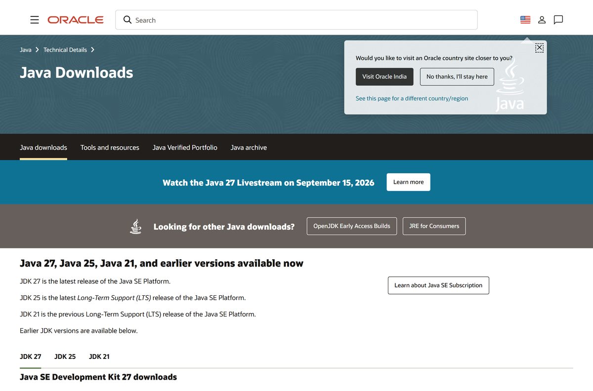 Oracle downloads page listing JDK 25 files for Windows, macOS and Linux