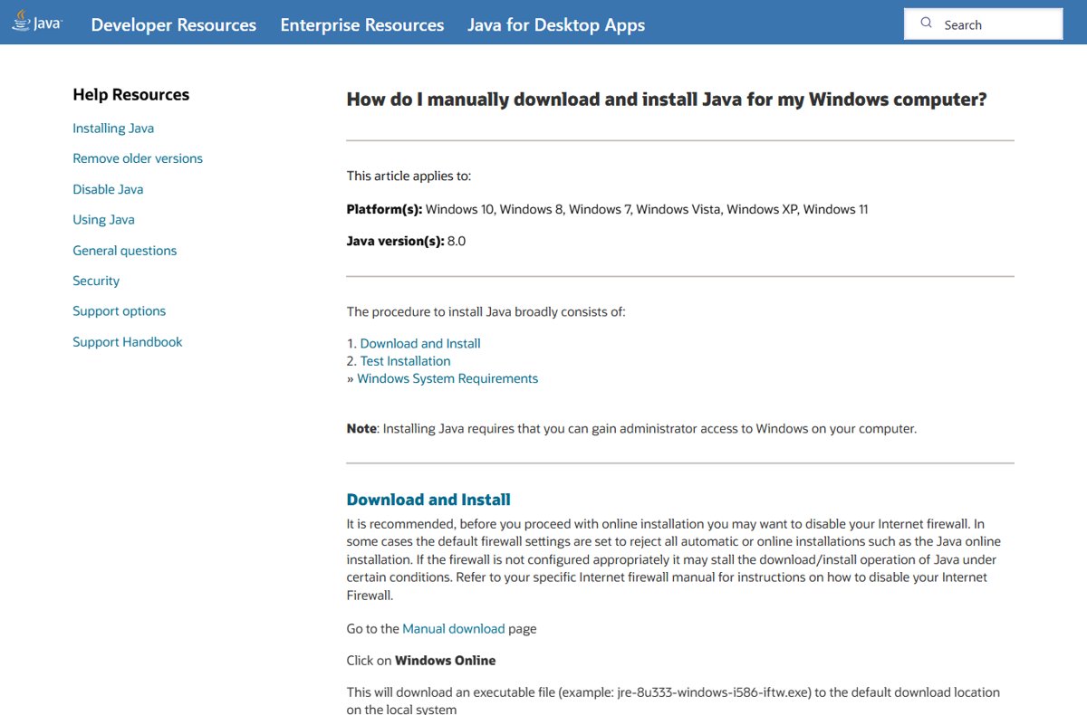 Java.com help page for manually downloading and installing Java on Windows