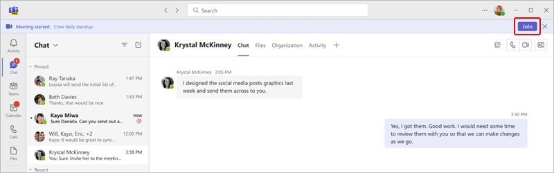 Join a Teams meeting from the live meeting bar notification