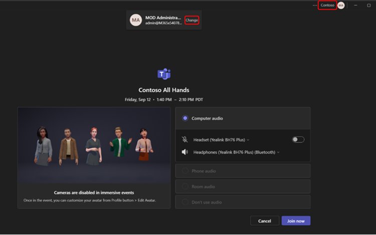 Join a Teams meeting with a different account using Change on the pre-join screen