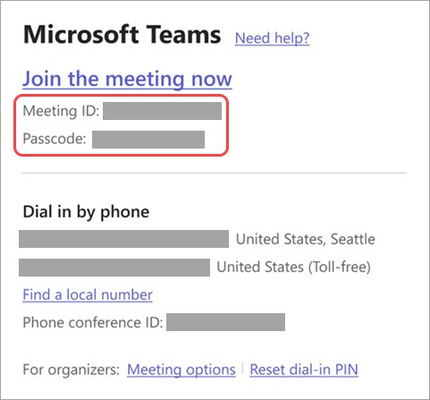 Join a Teams meeting with the meeting ID and passcode from the invite
