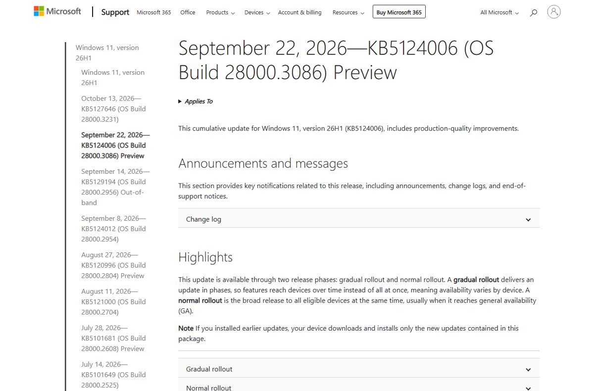 KB5124006 preview page with gradual rollout and normal rollout sections
