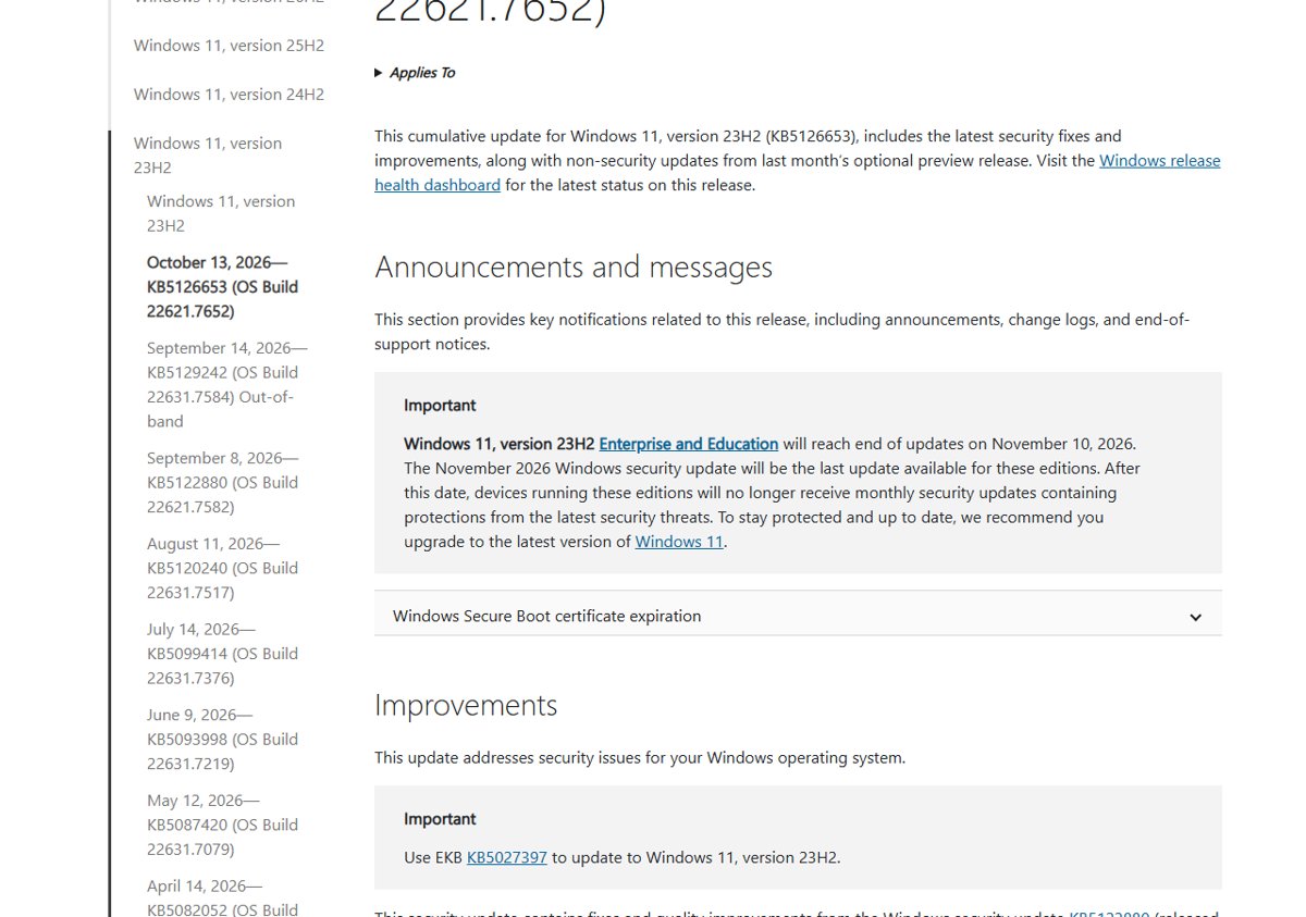 KB5126653 release notes with the 23H2 Enterprise and Education end-of-updates notice